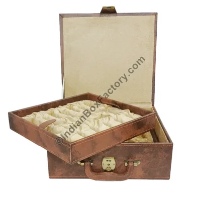 Chess Storage Box - Brown Leatherette Stitched design