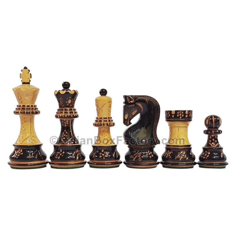 3.8" Russian Zagreb Hand Carved Burnt Chess Pieces - Lacquered (Gloss finish)
