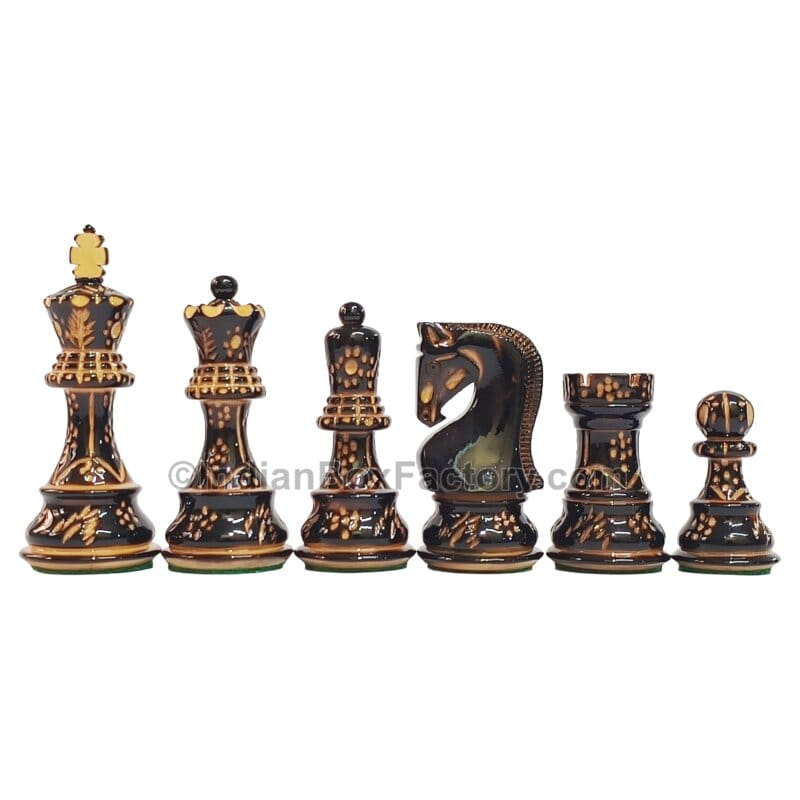 3.8" Russian Zagreb Hand Carved Burnt Chess Pieces - Lacquered (Gloss finish)