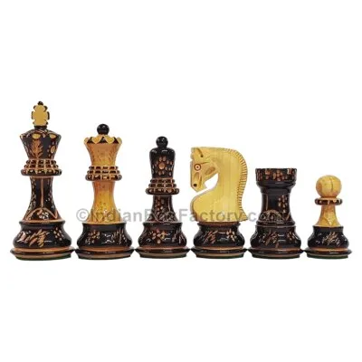 Russian Zagreb Hand Carved Burnt Chess Set - 3.8" KH with 16″ Ebony & Maple wood Board (50mm Sq.)
