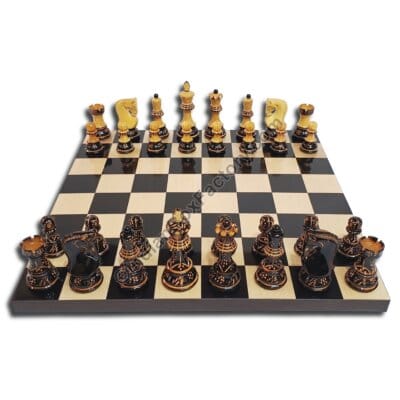 Russian Zagreb Hand Carved Burnt Chess Set - 3.8" KH with 16″ Ebony & Maple wood Board (50mm Sq.)