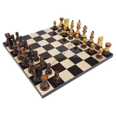 Russian Zagreb Hand Carved Burnt Chess Set - 3.8" KH with 16″ Ebony & Maple wood Board (50mm Sq.)