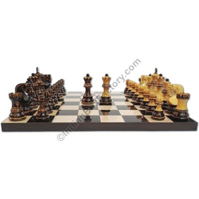Russian Zagreb Hand Carved Burnt Chess Set - 3.8" KH with 16″ Ebony & Maple wood Board (50mm Sq.)