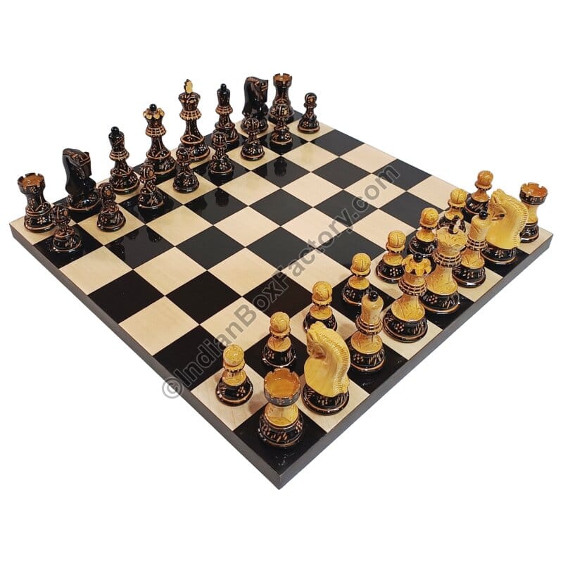 Russian Zagreb Hand Carved Burnt Chess Set - 3.8" KH with 16″ Ebony & Maple wood Board (50mm Sq.)
