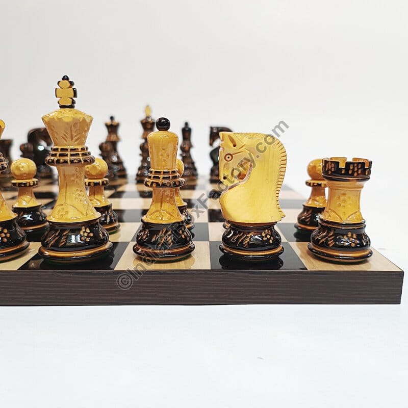 Russian Zagreb Hand Carved Burnt Chess Set - 3.8" KH with 16″ Ebony & Maple wood Board (50mm Sq.)
