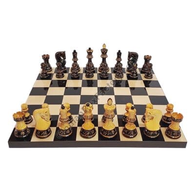 Russian Zagreb Hand Carved Burnt Chess Set - 3.8" KH with 16″ Ebony & Maple wood Board (50mm Sq.)