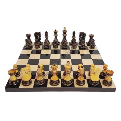 Russian Zagreb Hand Carved Burnt Chess Set - 3.8" KH with 16″ Ebony & Maple wood Board (50mm Sq.)